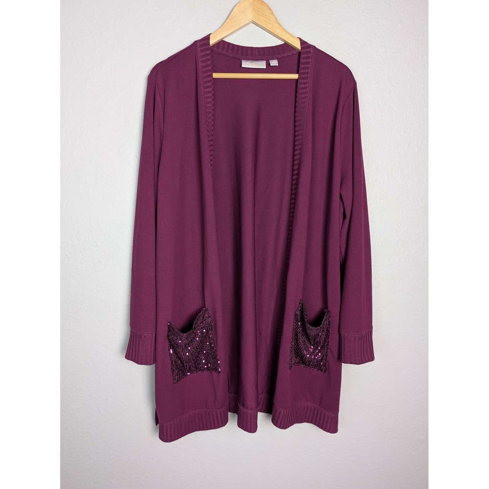 Belle By Kim Gravel Cardigan Womens XL Purple Sequin Patch Pocket Open Knit
